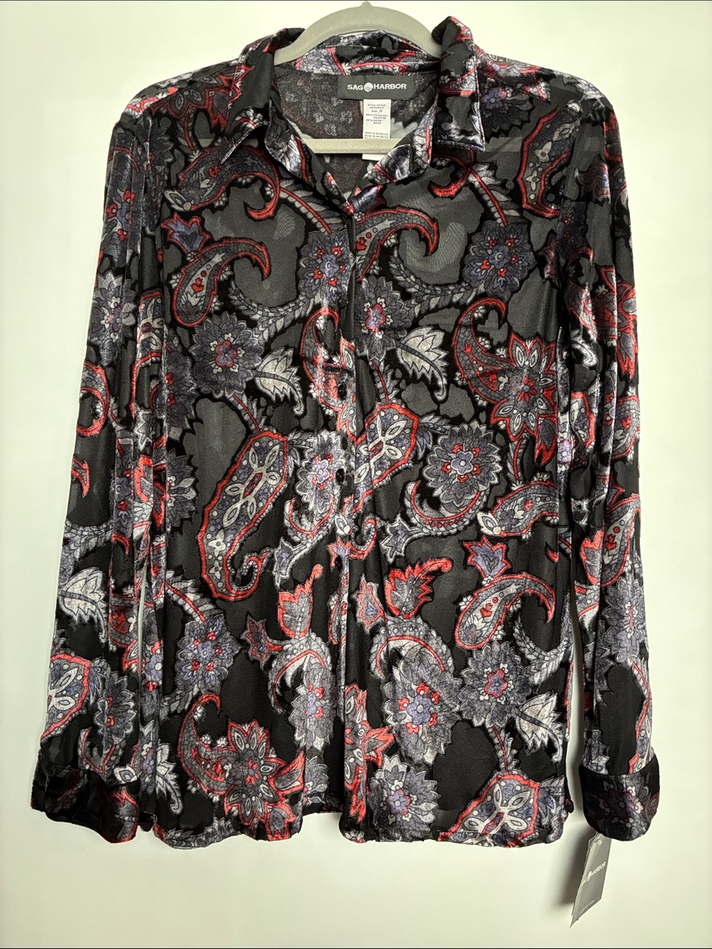 Sag Harbor Black Paisley Print Button-Down Shirt with Embossed Accents